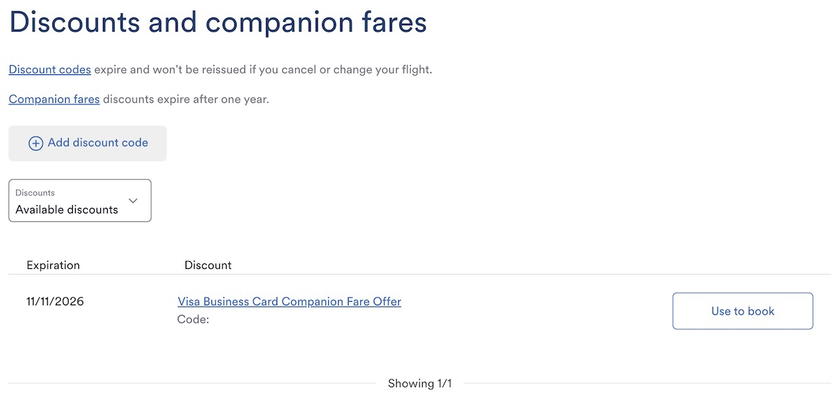 Atmos Rewards wallet showing a companion fare with a "Use to book" button and a code to copy