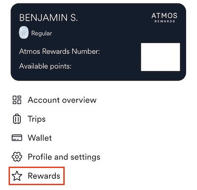 Rewards section of the Atmos Rewards account page showing available rewards