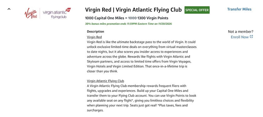 Promotional graphic for the Capital One to Virgin Atlantic Flying Club 30% transfer bonus
