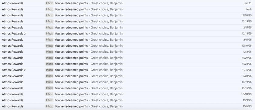 List of Atmos Rewards email confirmations for multiple award ticket redemptions
