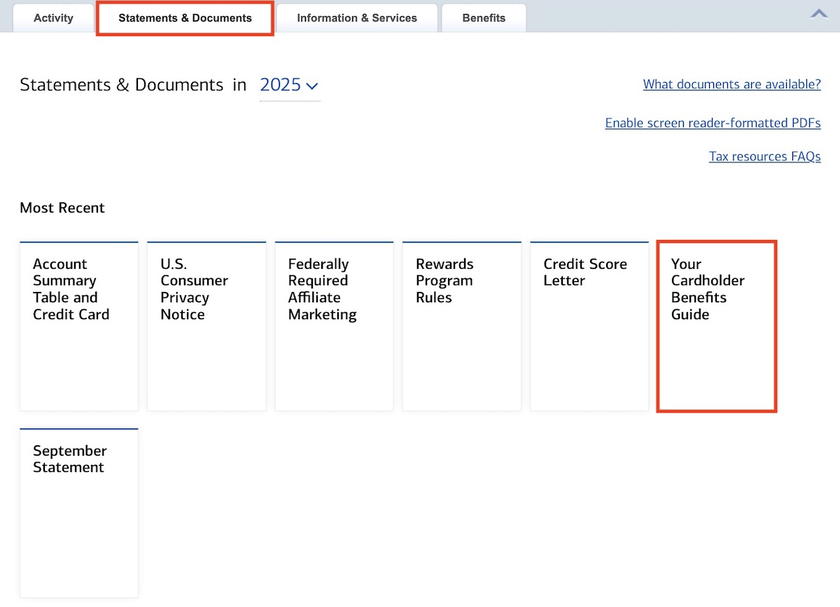 Account page showing the Statements & Documents section where cardholders can open the Cardholder Benefits Guide