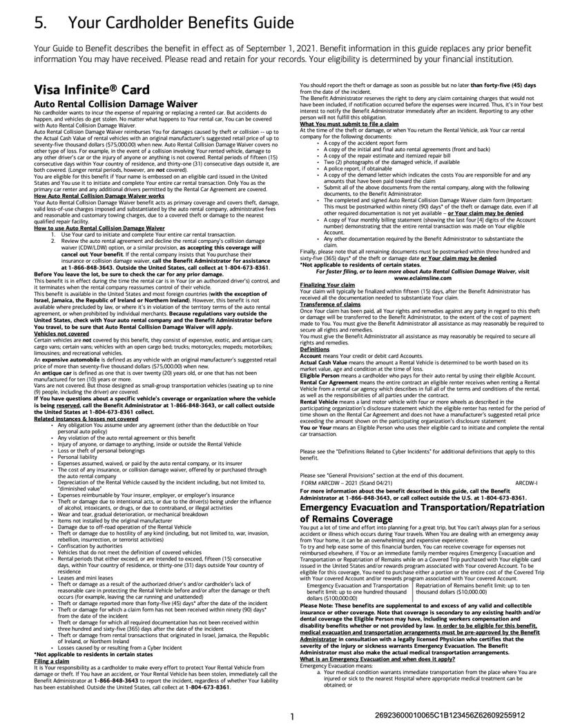 Section of the Atmos Rewards Summit Card benefits guide describing auto rental collision damage waiver coverage