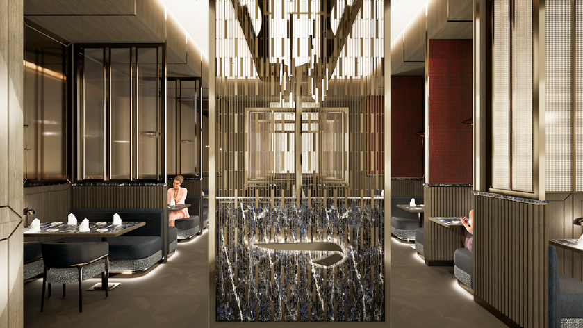 Rendering of dining and relaxation areas in the new British Airways Heathrow arrivals lounge