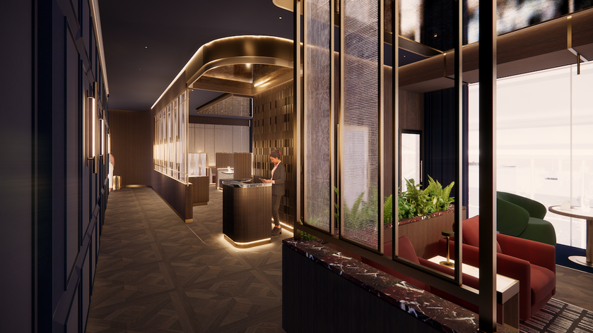 Interior rendering of the new British Airways Terminal 5C lounge showing seating and bar area