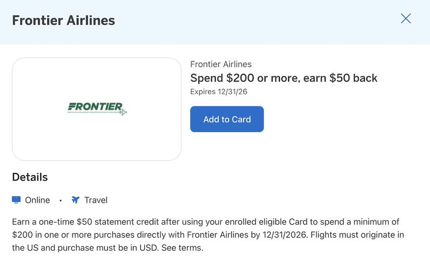 Screenshot of a targeted Amex Offers promotion for a $50 statement credit on Frontier Airlines purchases of $200 or more