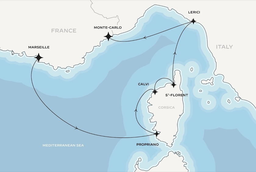 Sample itinerary map for an Orient Express Sailing Yachts cruise