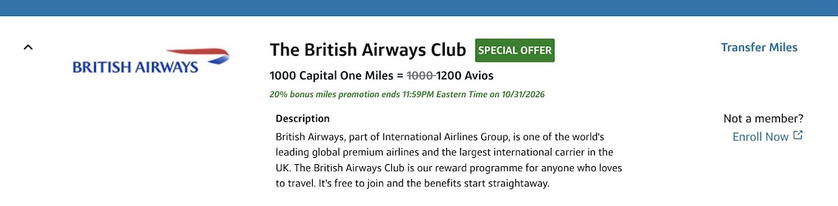Graphic showing a 20% bonus on Capital One to British Airways Club transfers