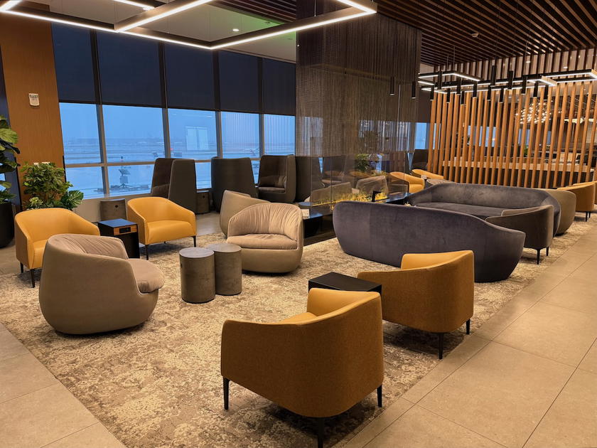 Seating area inside the American Airlines Flagship Lounge at Philadelphia airport