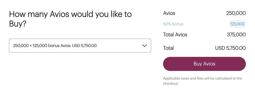 Cost breakdown for buying Qatar Airways Avios with a 60% bonus: 400,000 Avios for $5,750, or 1.44 cents each