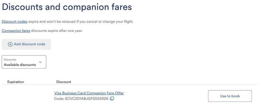 Atmos Rewards account wallet showing a companion fare code with a "Use to book" button