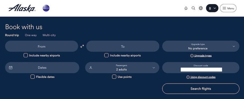 Alaska booking page with the companion fare discount code filled in and two travelers selected