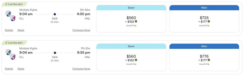 Alaska search results with green checkmarks marking itineraries eligible for the companion fare