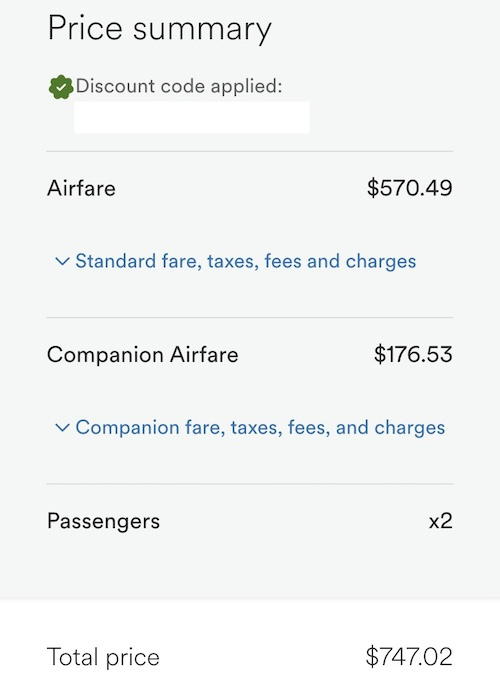 Fare breakdown showing $570.49 for the first passenger and $176.53 for the companion