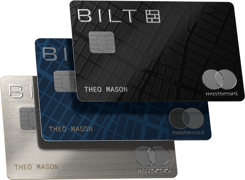 The three Bilt credit cards: Bilt Blue, Bilt Obsidian and Bilt Palladium, shown side by side