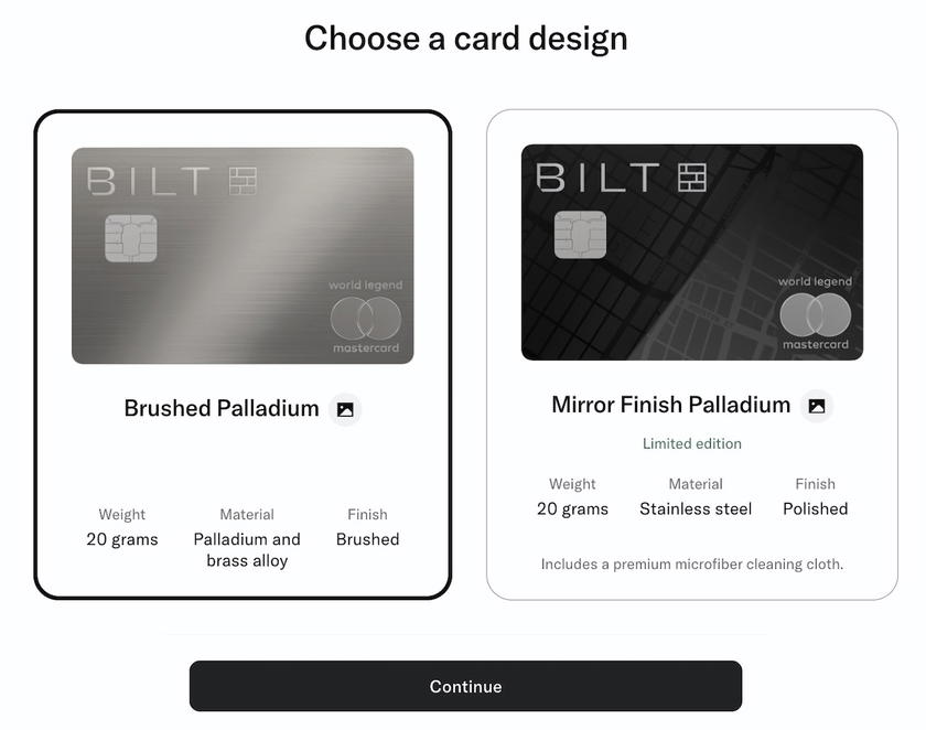 Screen showing the choice between brushed palladium and mirror finish palladium card designs