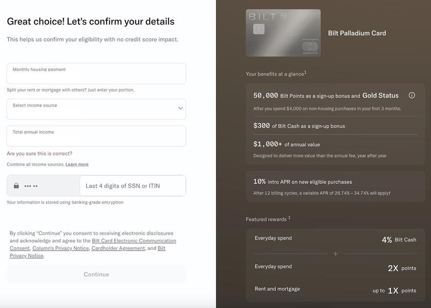 Screen confirming housing payment and income information during the Bilt card application