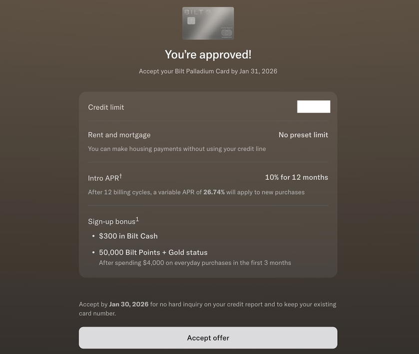 Screen showing credit line approval and offer acceptance in the Bilt Cardless application