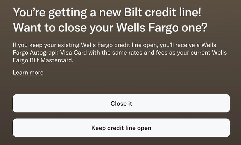 Screen asking whether to keep the previous Wells Fargo credit line open