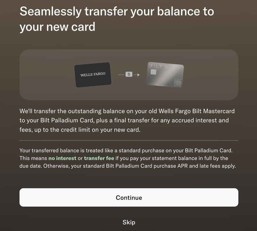 Screen asking whether to transfer the balance to the new Bilt Palladium Card