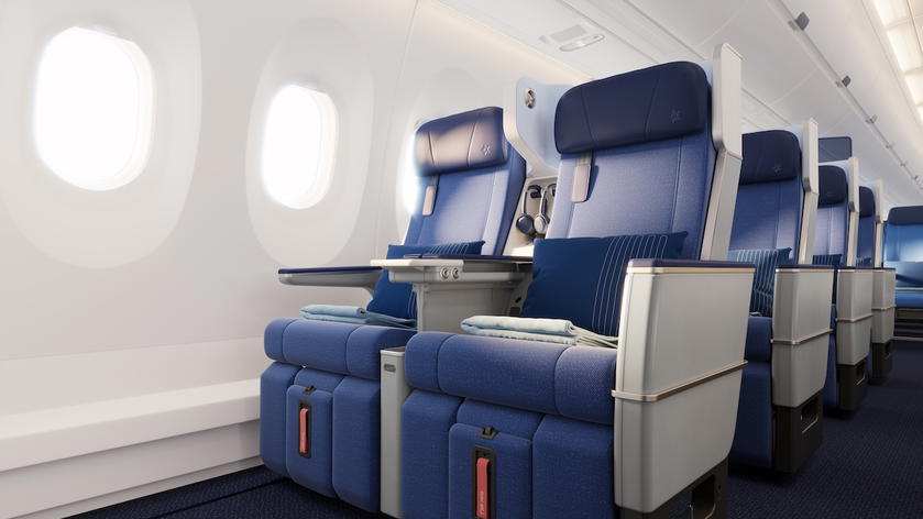 New Edelweiss Airbus A350 premium economy cabin with hard-shell seats