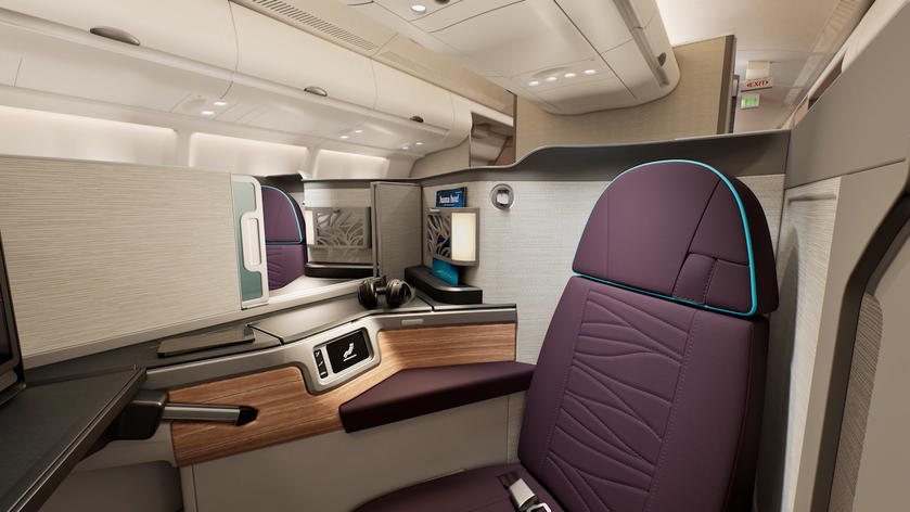 New Hawaiian Airlines A330 business class seat with entertainment screen