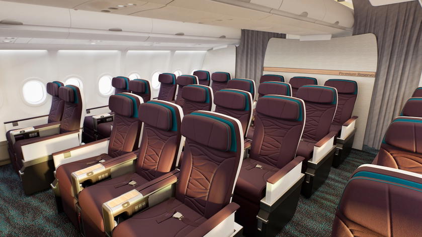 New Hawaiian Airlines A330 premium economy cabin in a 2-3-2 layout
