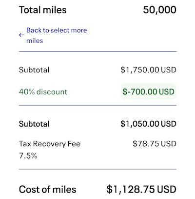 United MileagePlus mileage purchase screen showing pricing options