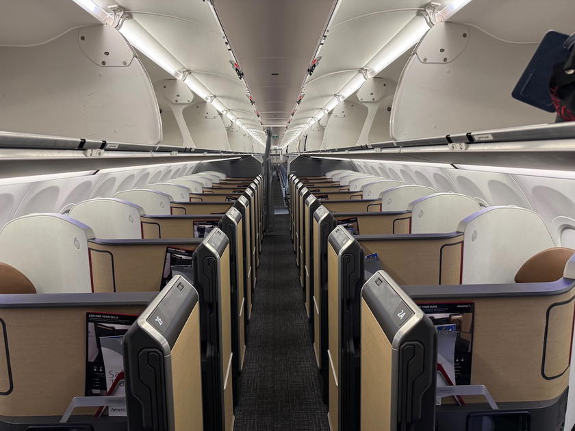 Business class cabin interior aboard an American Airlines Airbus A321XLR