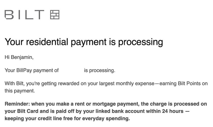 Email from Bilt confirming the housing payment and the Bilt Cash redeemed to earn points