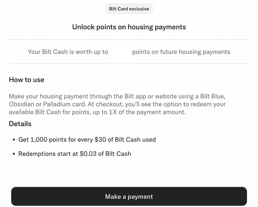 Bilt screen showing Bilt Cash being used to earn rewards on rent or mortgage payments