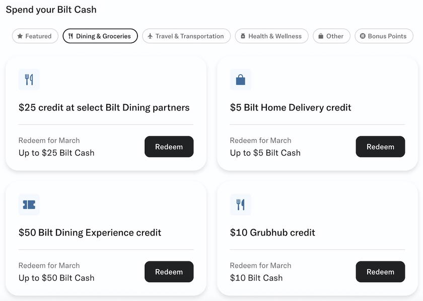 Bilt screen listing the ways to redeem Bilt Cash, including travel, dining and delivery credits