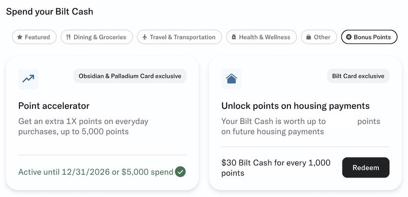 Bilt screen showing the option to redeem Bilt Cash for a points accelerator on everyday spending