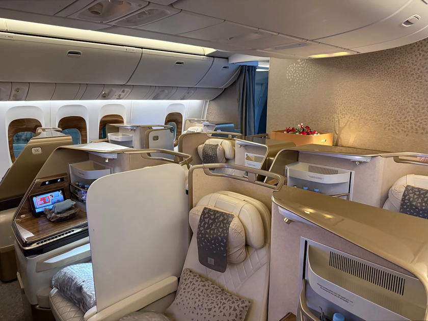 Emirates Boeing 777 business class cabin with reclining seats