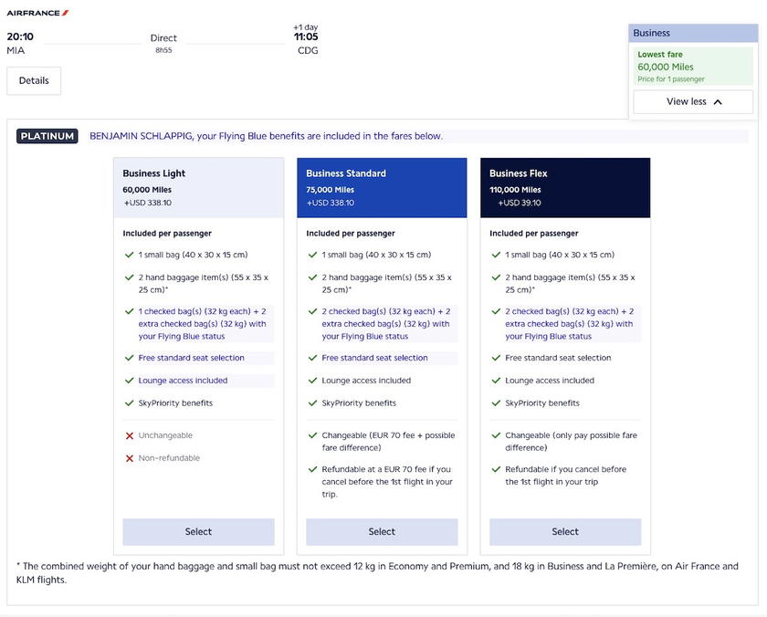 Chart comparing Flying Blue Light and Standard award ticket fare tiers