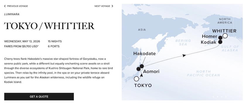 Map or itinerary graphic for a Ritz-Carlton Yacht Collection transoceanic voyage