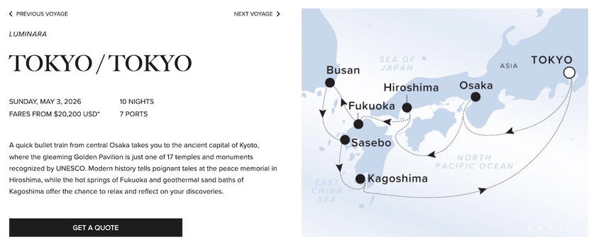 Map or itinerary graphic for a Ritz-Carlton Yacht Collection voyage around Japan