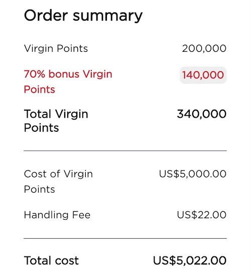 Virgin Atlantic points purchase page showing pricing for buying Flying Club points with a bonus