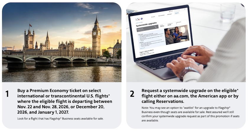 American Airlines promotional graphic detailing terms of the systemwide upgrade offer