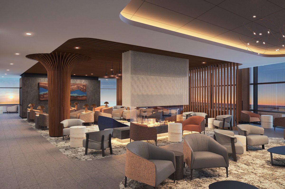 Rendering of the new Admirals Club at Austin airport, showing a seating area with views of the airfield