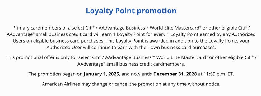 Graphic illustrating the Citi AAdvantage Business Card Loyalty Points double dip promotion
