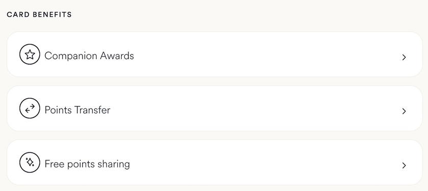 Card Benefits section showing the free points sharing button