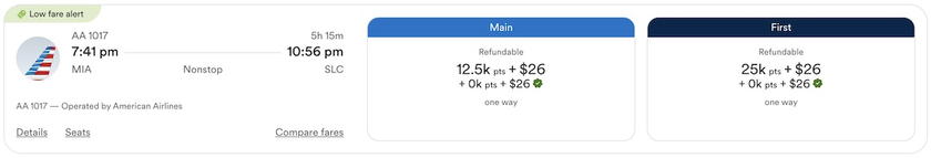 Award search results showing the companion fare priced at zero points