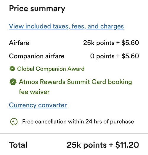 Booking confirmation page showing the total cost for both passengers