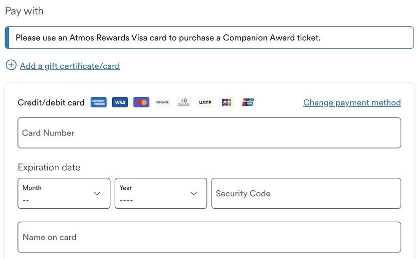 Final booking page noting the ticket must be purchased with the Atmos Rewards Summit Card