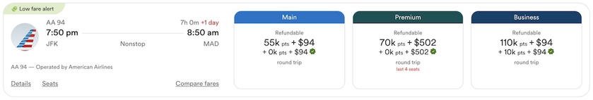 Booking screen showing a Global Companion Award price of 110,000 points for one passenger and 10,000 for a second