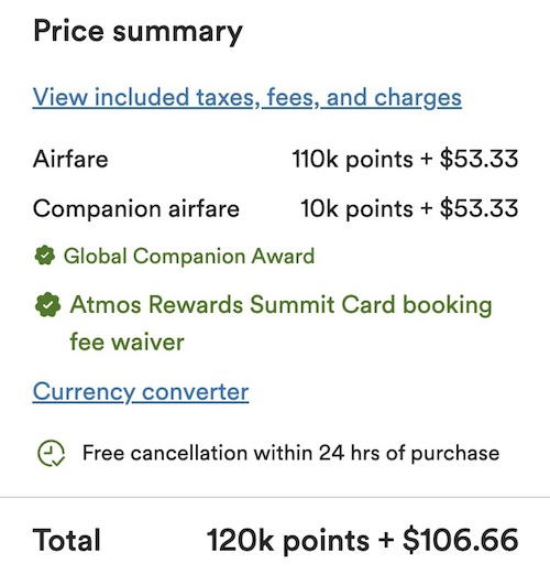 Alaska Airlines booking page confirming a Global Companion Award redemption with taxes and fees