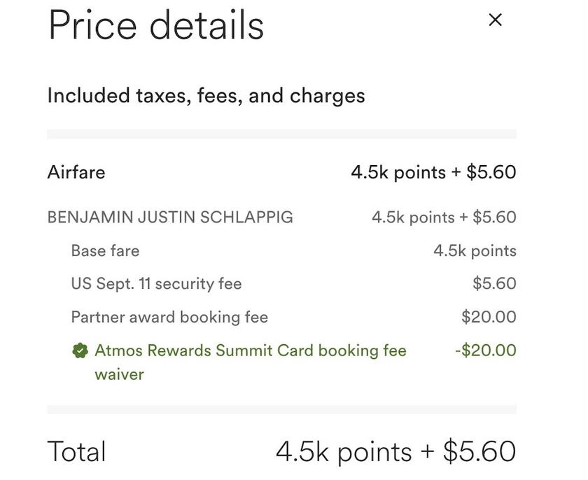 Payment page showing the $20 booking fee waived, reducing the total to $5.60