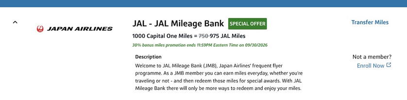 Capital One 30% transfer bonus promotion for Japan Airlines Mileage Bank