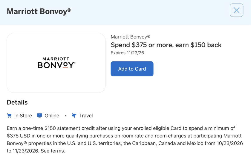 Amex Offers promotion for Marriott offering a $150 statement credit after spending $375