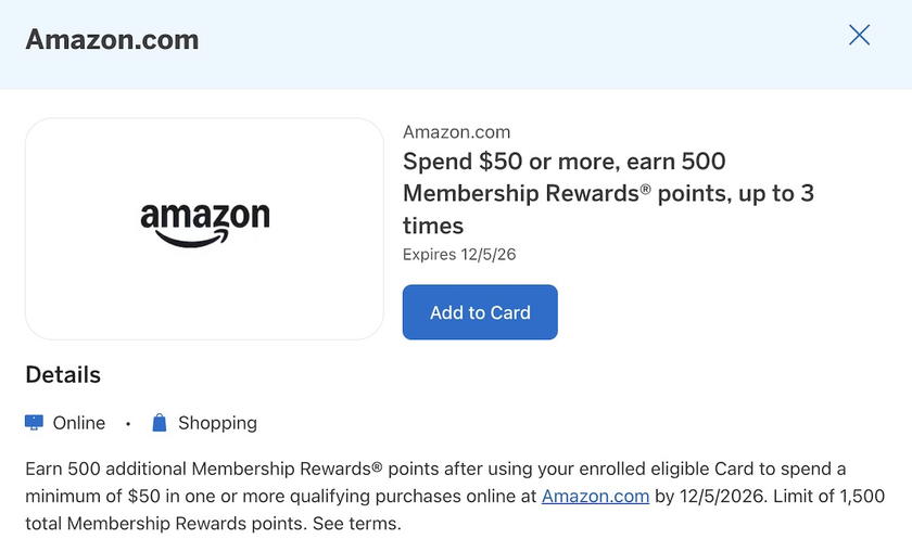 Amazon logo alongside Amex Offers branding promoting a bonus points deal for Amazon purchases
